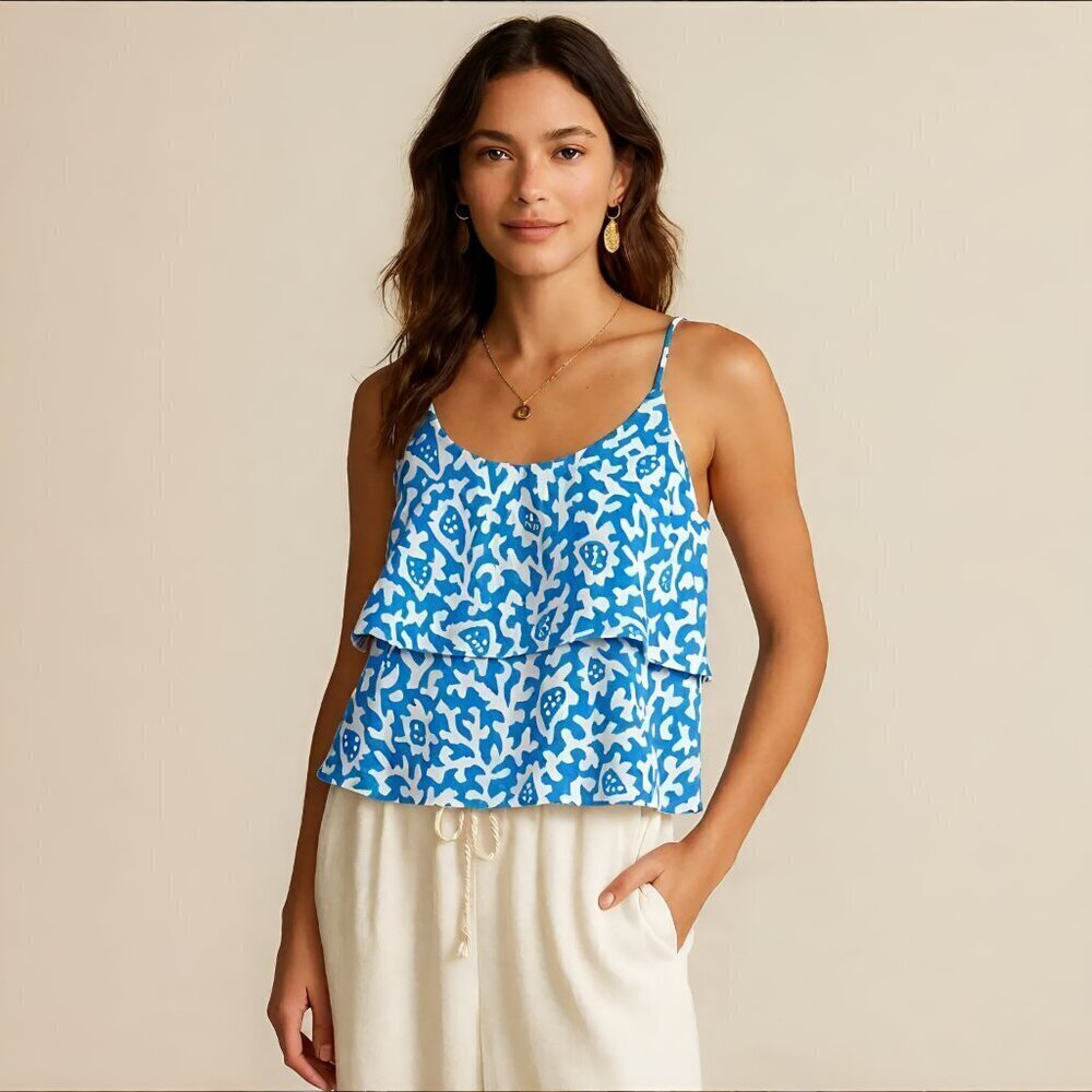 Ralph Lauren Cotton Ikat Tiered Sleeveless Top Boho Resortwear Blue White Size S